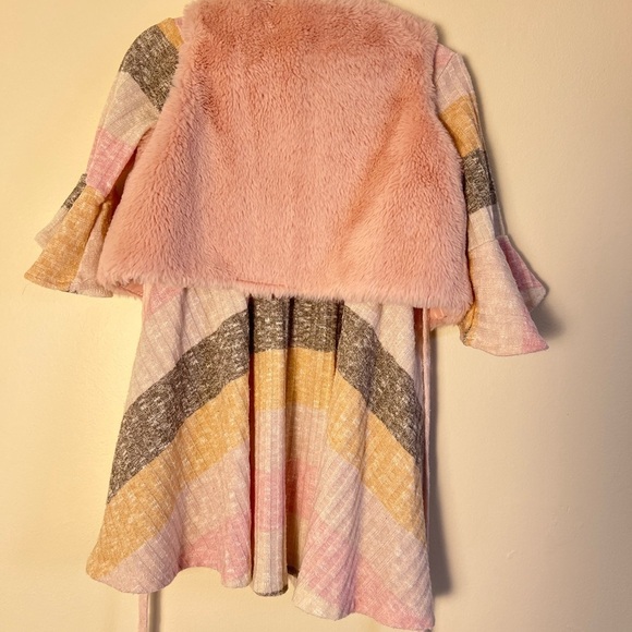 Rare Editions Toddler Dress 2T Faux Fur Vest Pastel Stripped Bell Sleeve Flowy - Picture 8 of 17
